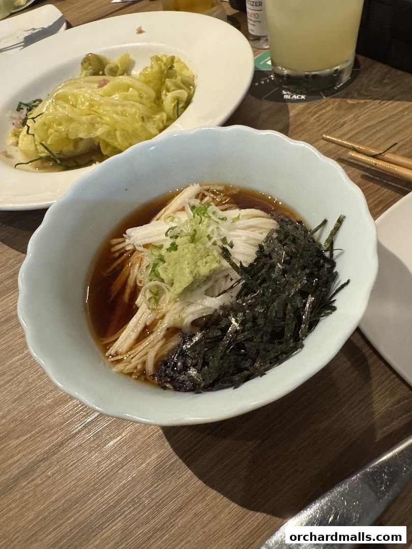 A bowl of cold soba noodles with shredded chicken, seaweed, and wasabi.