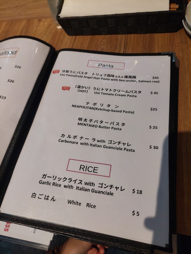 Menu page for AL Solito Japanese Italian izakaya