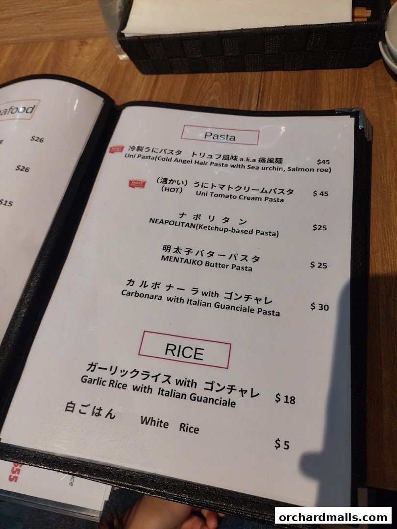 A menu from AL Solito Japanese Italian izakaya featuring pasta and rice dishes.