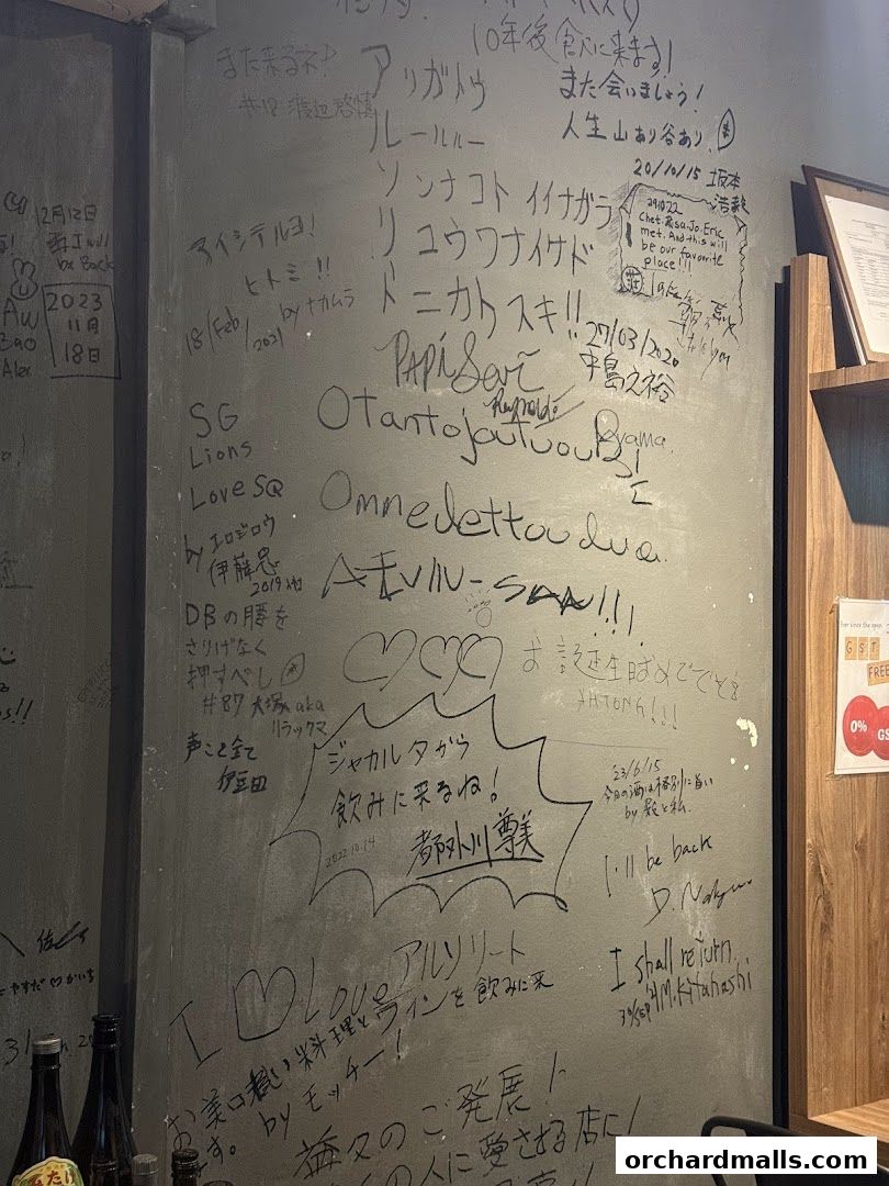 A wall covered in handwritten messages and drawings, likely from customers.