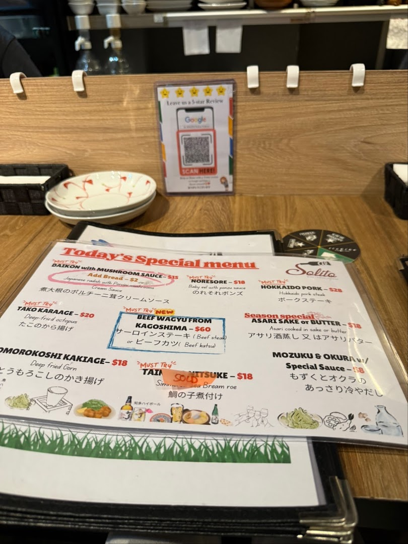 Menu page for AL Solito Japanese Italian izakaya