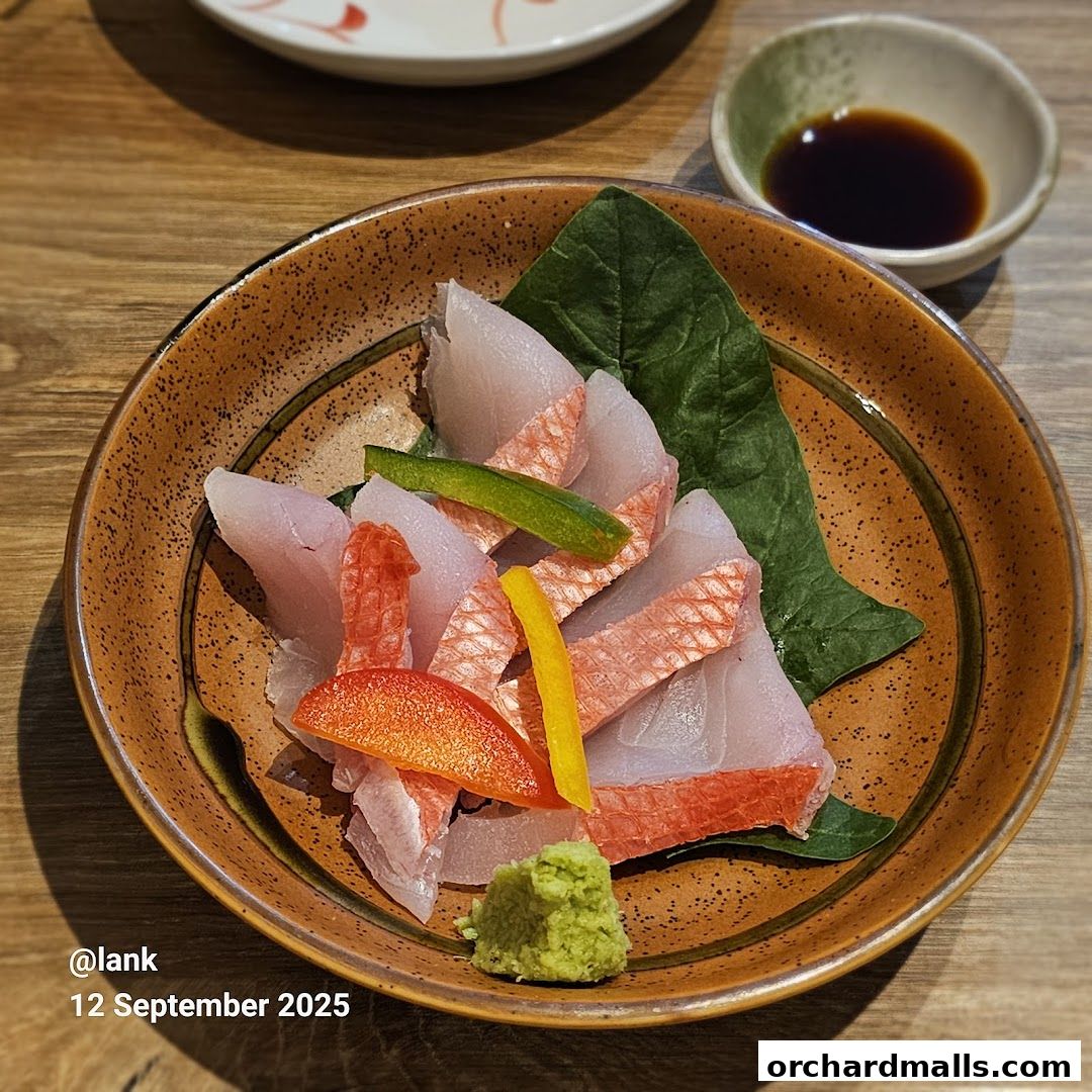 A close-up of a sashimi dish with wasabi and soy sauce, garnished with vegetables.