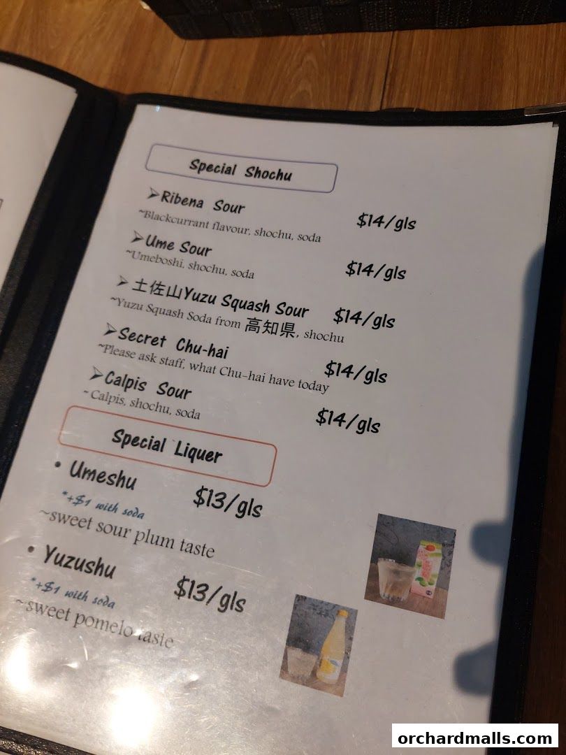 A menu page featuring special shochu and liquer drinks with prices.