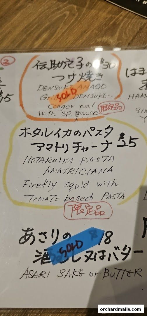 A handwritten menu board featuring Japanese and Italian fusion dishes with prices.