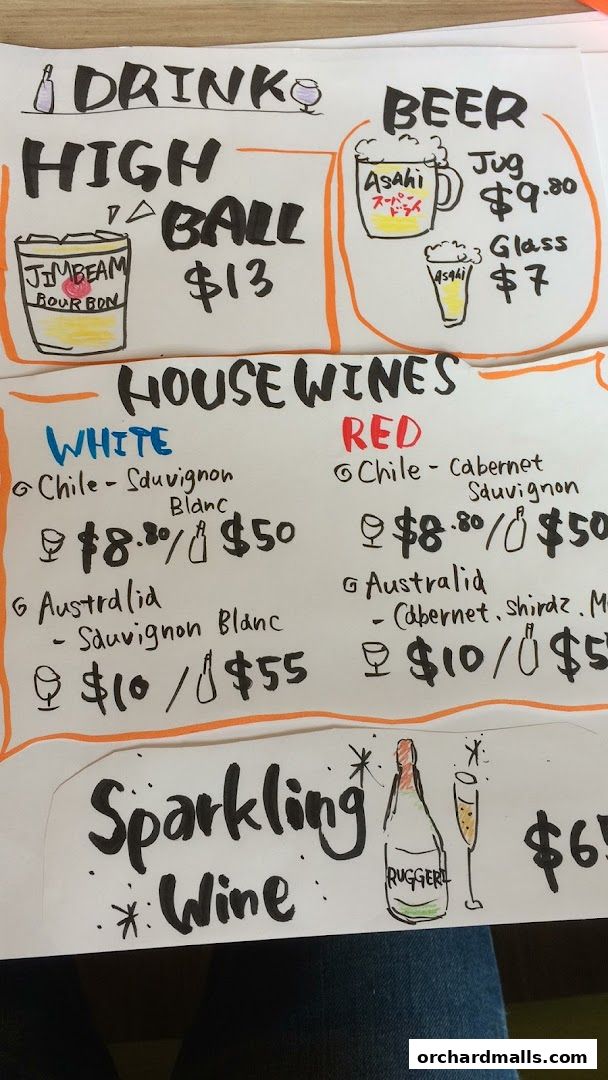 A handwritten menu featuring drinks like High Ball, Beer, House Wines, and Sparkling Wine.