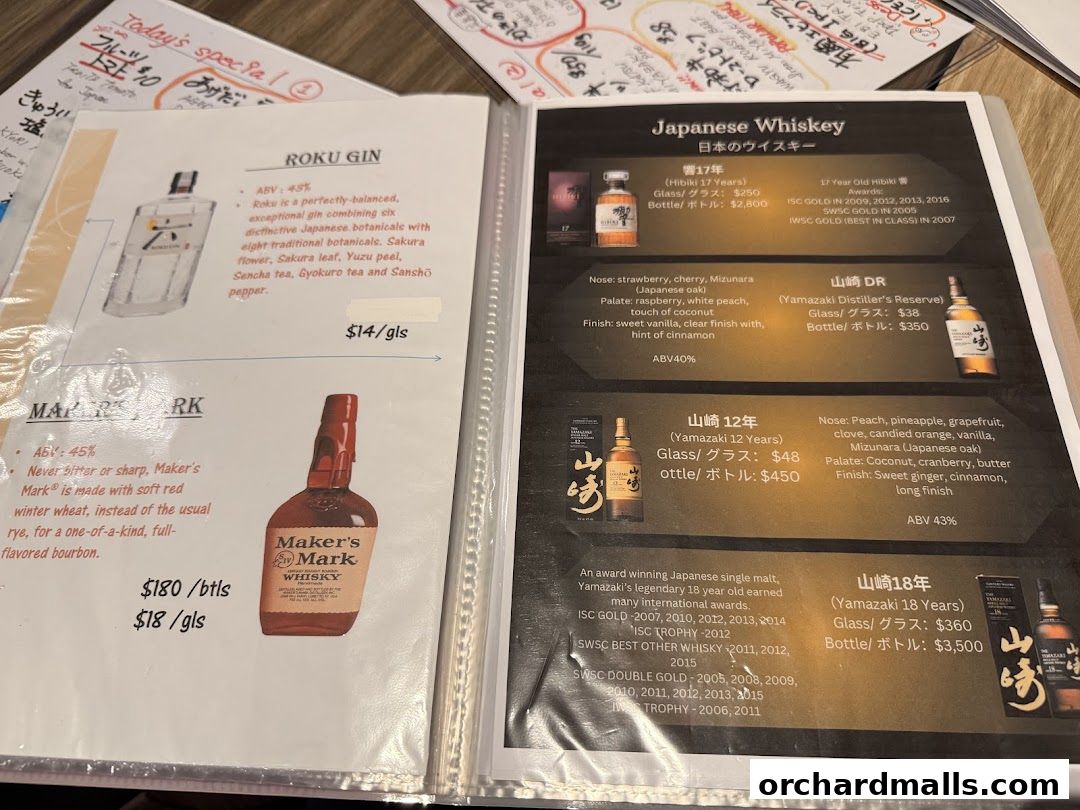 A menu featuring Japanese whiskey and Roku Gin with prices and descriptions.