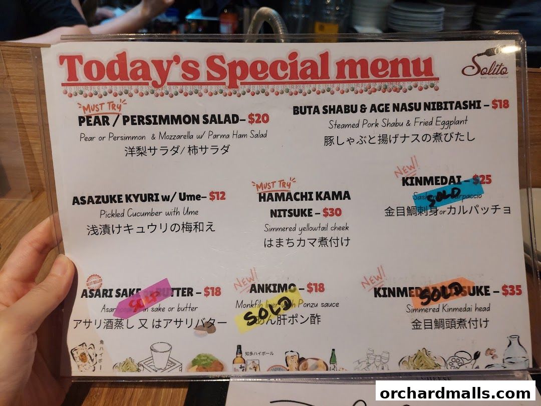 A menu for 'Today's Special' at AL Solito Japanese Italian izakaya, featuring various dishes.