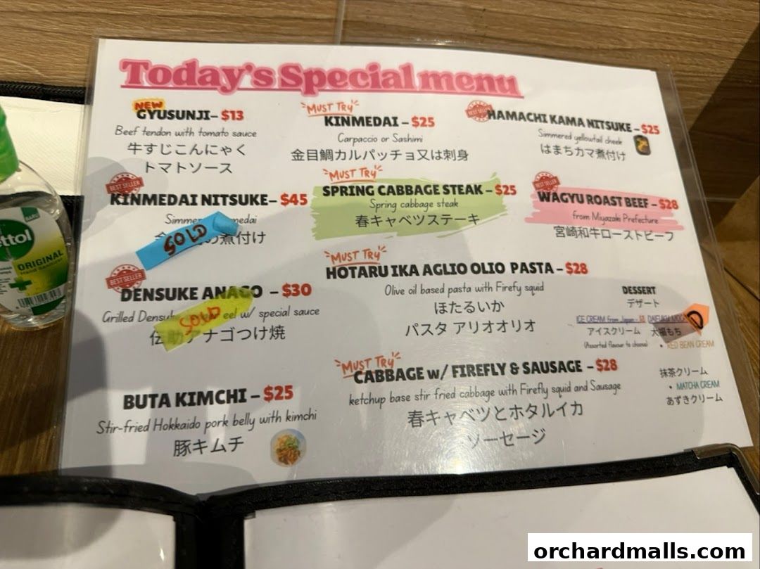 A menu featuring today's specials with Japanese and Italian fusion dishes.