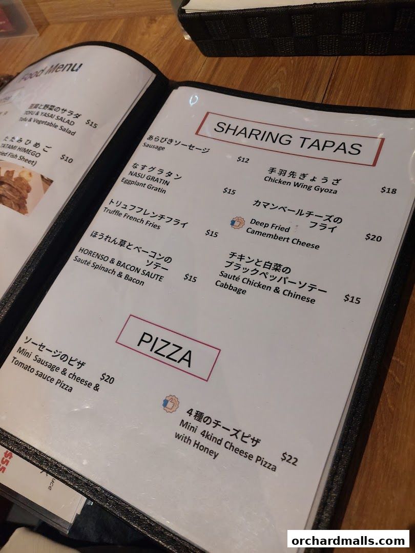 A menu from AL Solito Japanese Italian Izakaya featuring tapas and pizza.