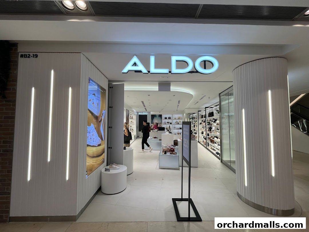 The entrance to the ALDO shoe store, showcasing stylish footwear and a modern store design.