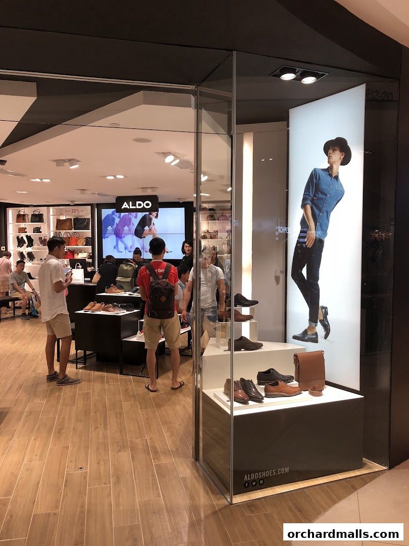 ALDO shoe store interior with displays of shoes and bags, and a mannequin in the window.