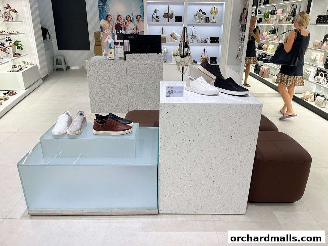 Interior view of an ALDO store showcasing shoes and handbags with a customer browsing.