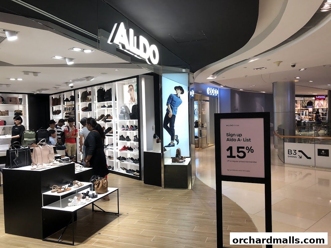 Interior view of an ALDO shoe and handbag store with displays and customers.