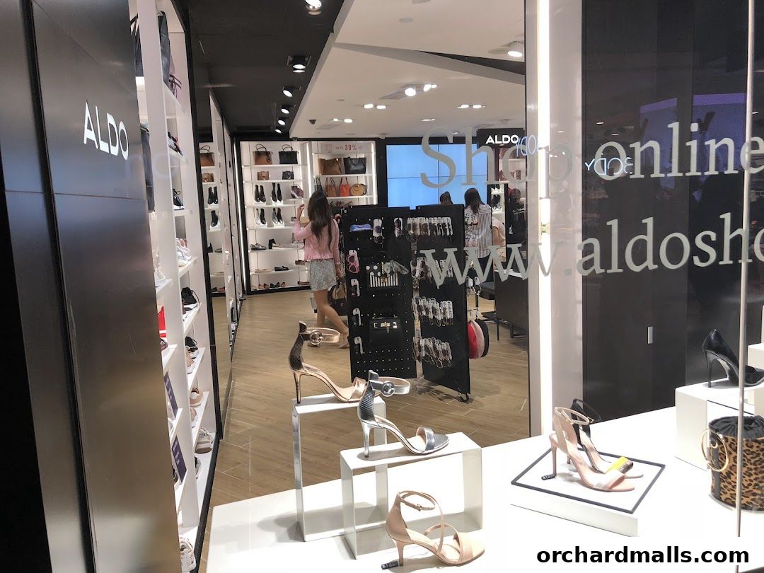 Interior view of an ALDO shoe store showcasing various footwear and handbags.