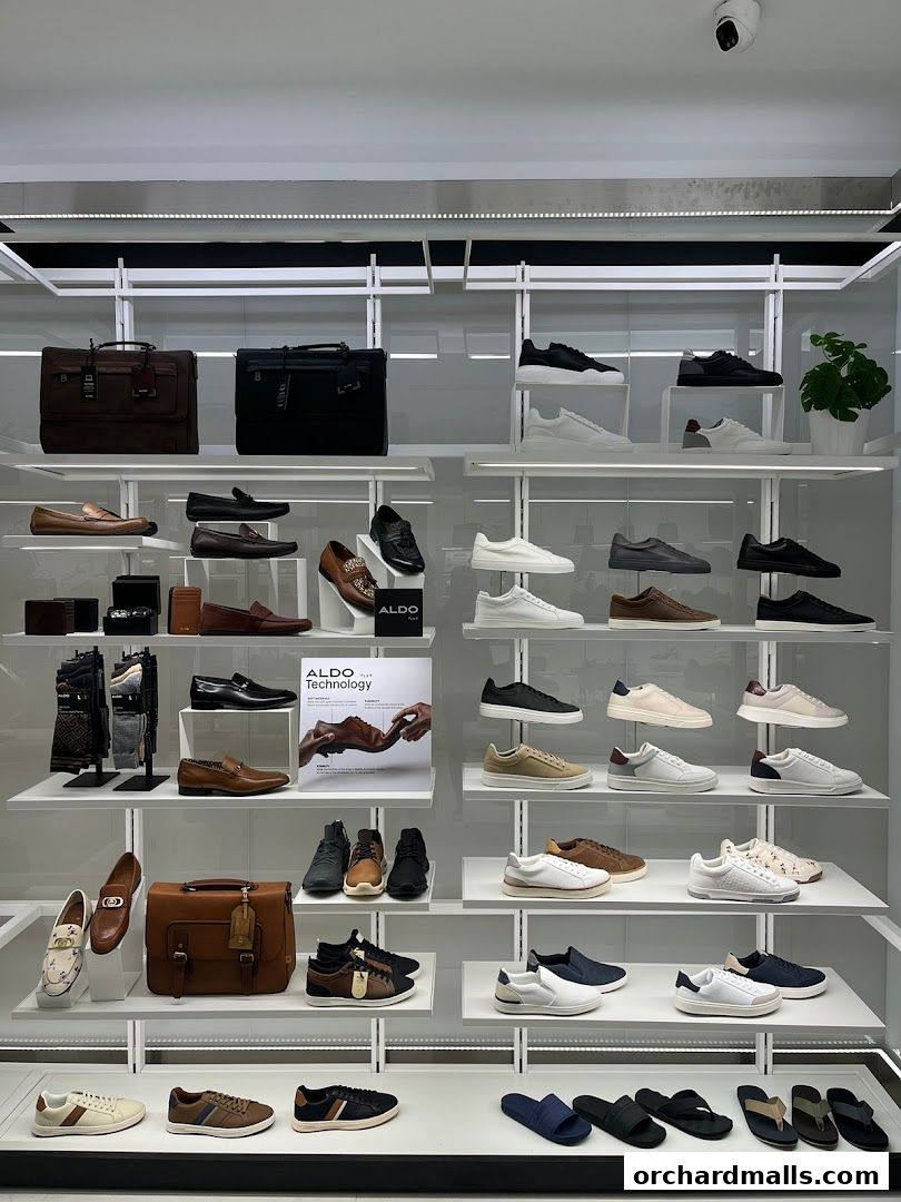 A well-lit display of men's shoes and bags, showcasing various styles and brands.