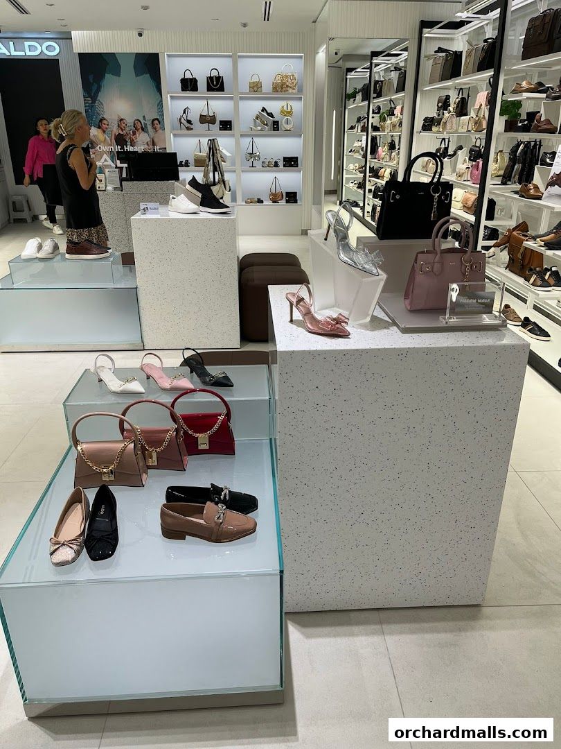 Interior view of an ALDO store showcasing handbags and shoes on display.