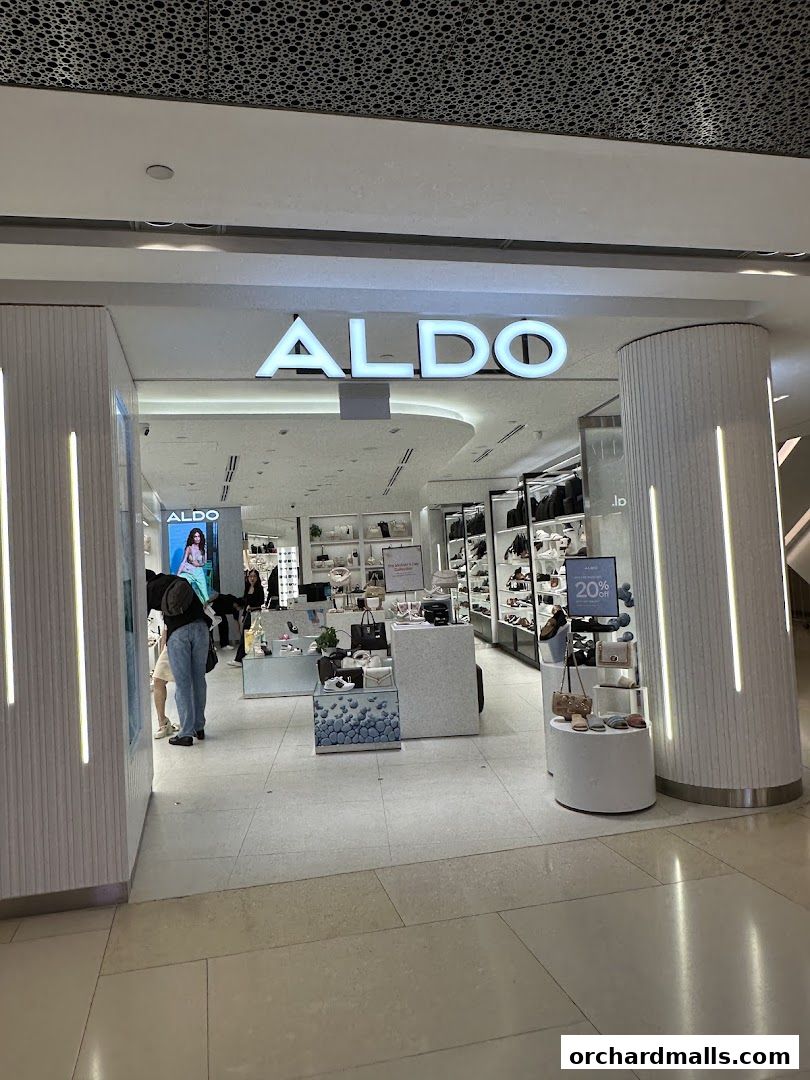 The entrance to the ALDO shoe and accessory store, showcasing displays of handbags and footwear.