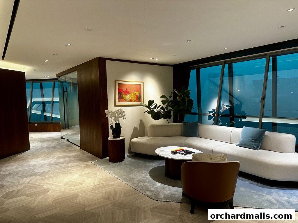 A modern office waiting area with a curved sofa, coffee table, and large windows.