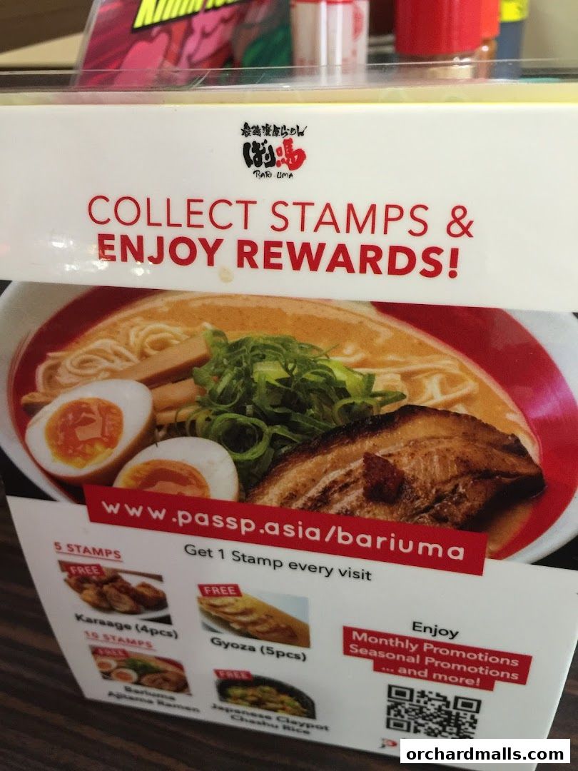 A menu board for BARI UMA ramen shop, featuring a stamp reward program.