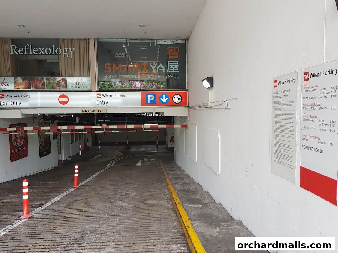 Entrance to a parking garage with signs for Reflexology, Smarty, and Wilson Parking.