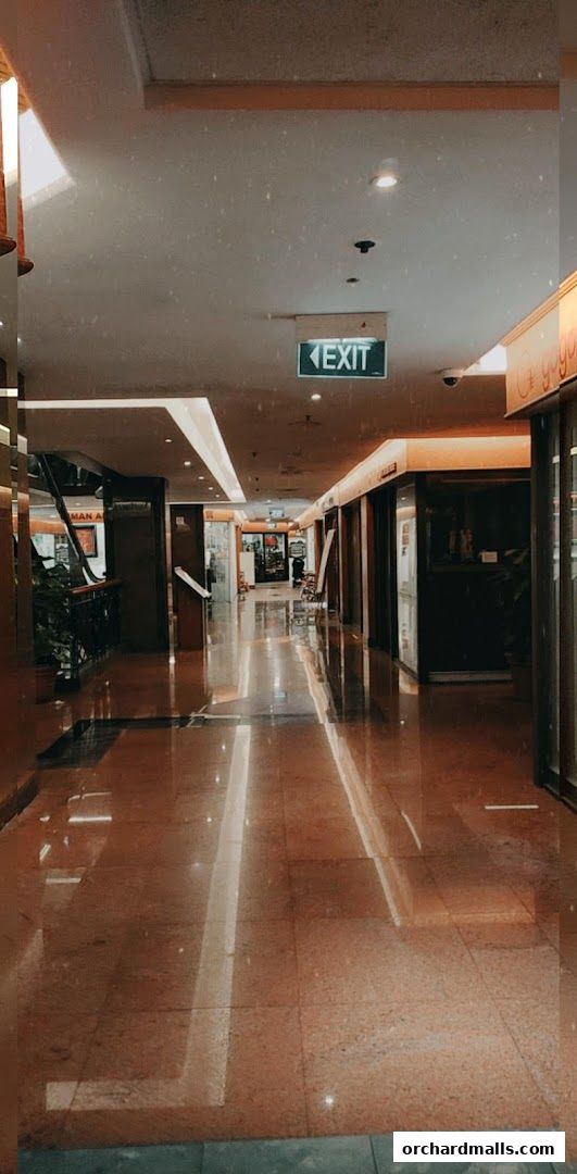 A well-lit shopping mall corridor with polished floors and various shop entrances.