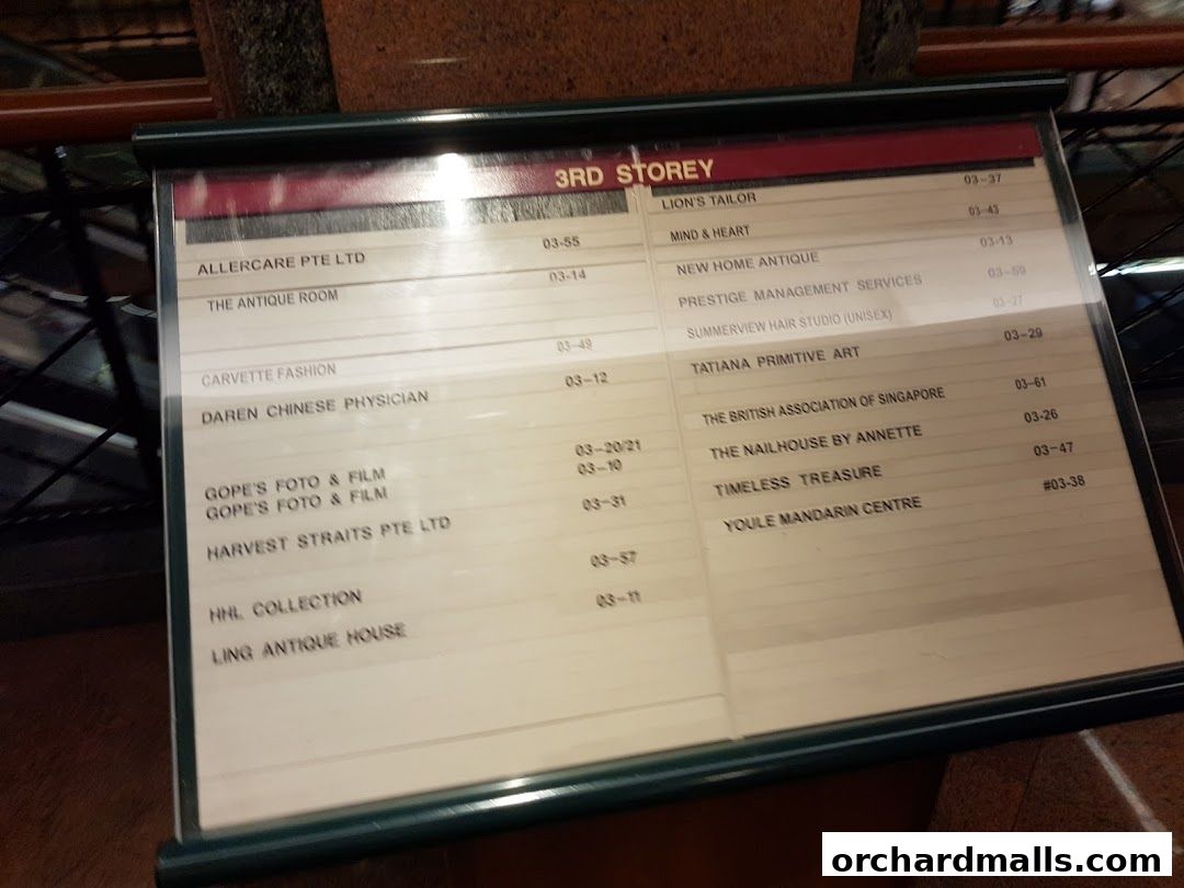 A directory sign for the 3rd storey of a building listing various shops and their unit numbers.