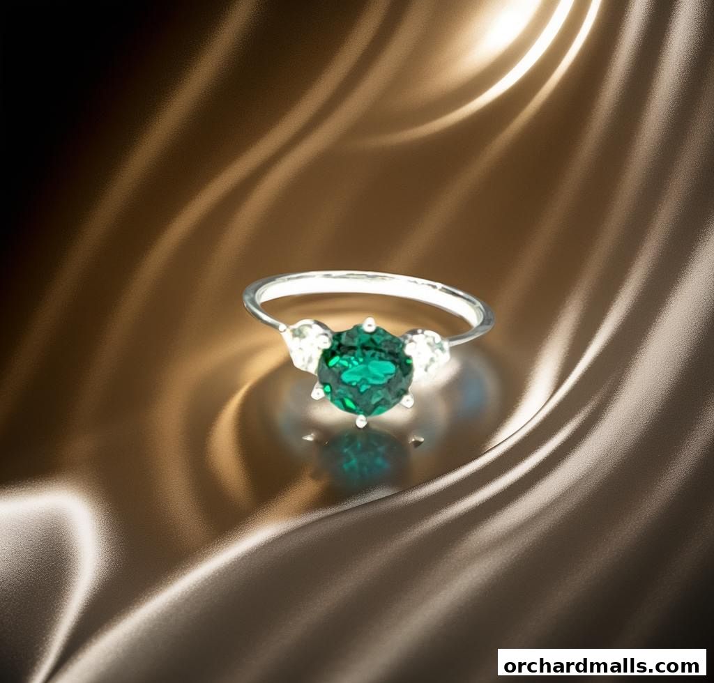 A stunning emerald ring with diamond accents on a luxurious satin background.