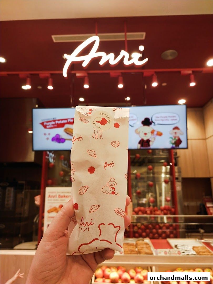 A hand holds a paper bag with the Anri Bakery logo in front of the shop.