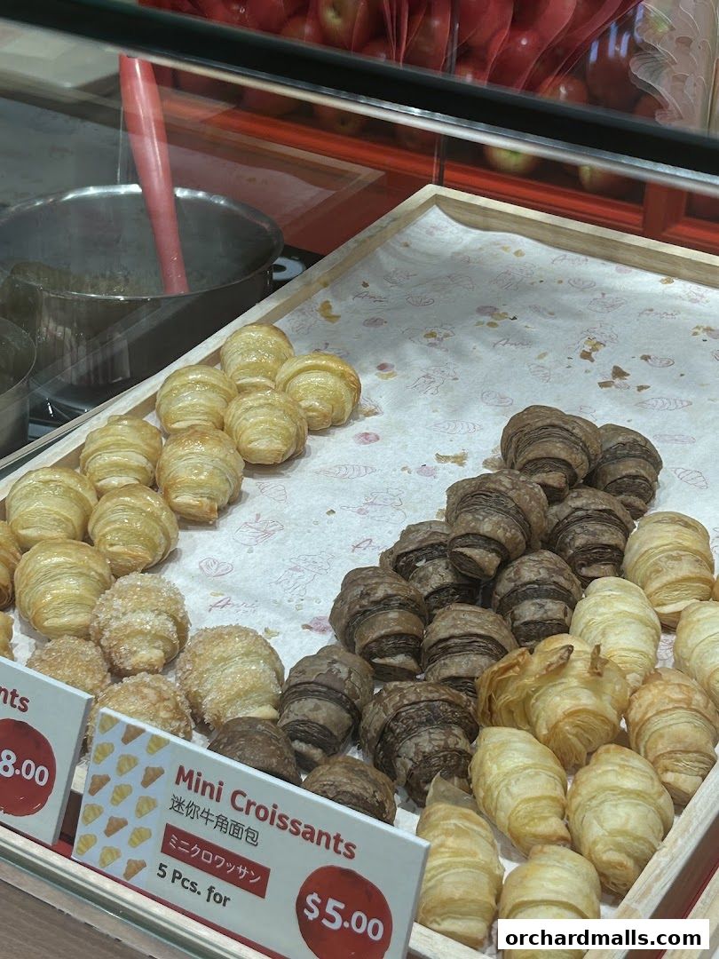 A display of mini croissants, some plain and some chocolate, in a bakery case.