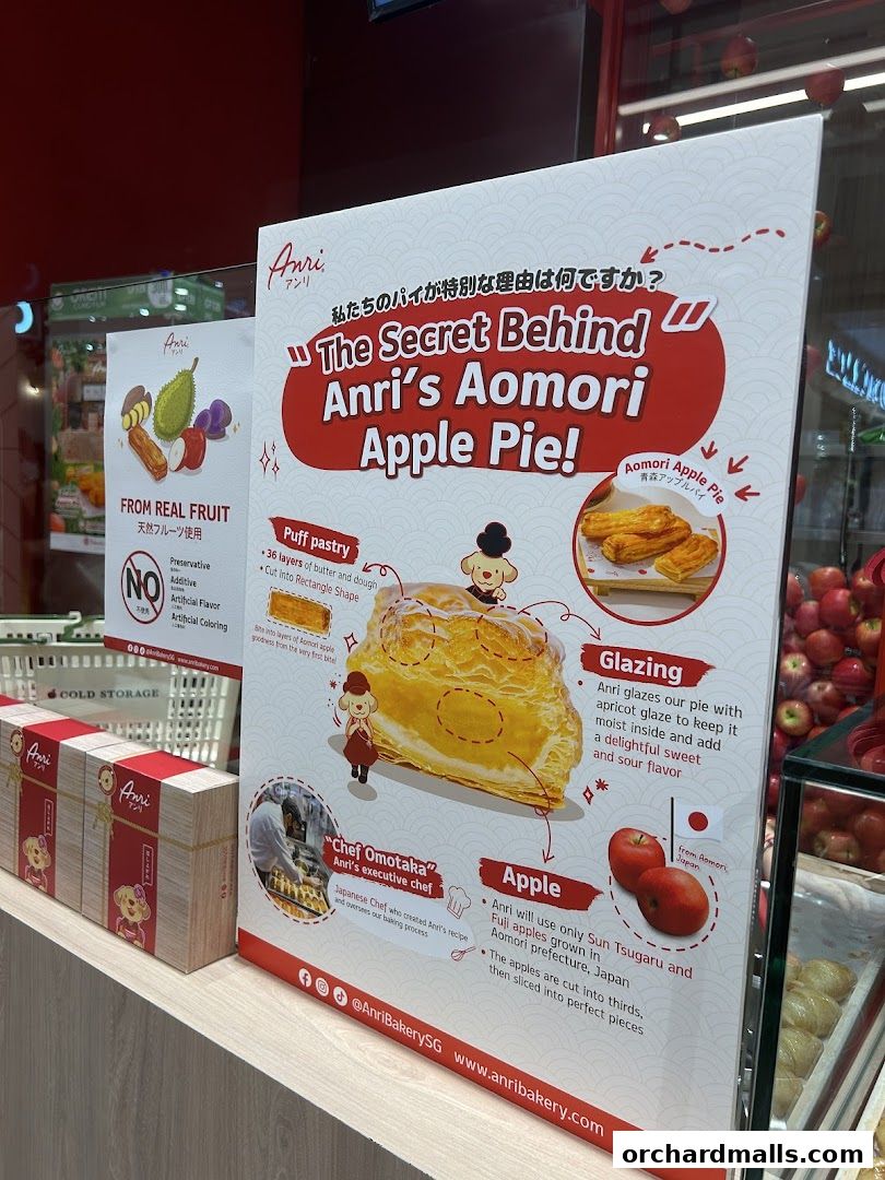 A sign detailing the secret behind Anri's Aomori Apple Pie, highlighting ingredients and preparation.