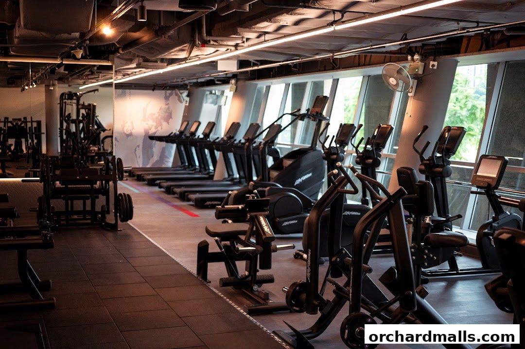 Interior view of a modern gym with treadmills, ellipticals, and weight machines.