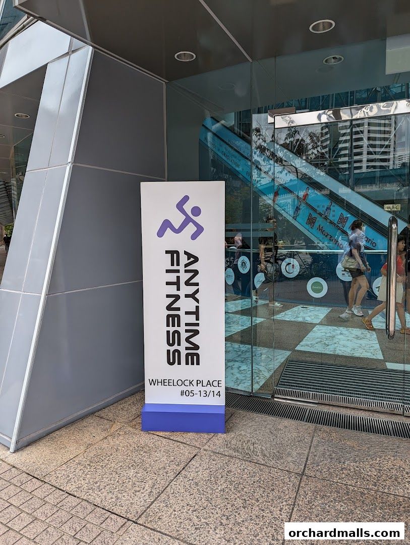 A sign for Anytime Fitness Wheelock Place is displayed outside the gym entrance.