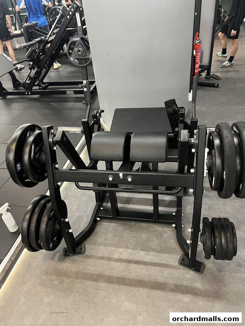 A heavy-duty leg press machine with weight plates loaded.