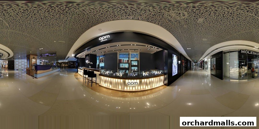 The APM Monaco store at ION Orchard, showcasing jewelry displays and a sleek, modern interior.