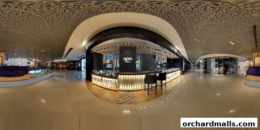 Interior view of APM Monaco jewelry store with display cases and a counter.