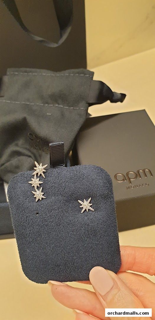 A hand holds sparkling star-shaped earrings displayed on a dark blue velvet stand.