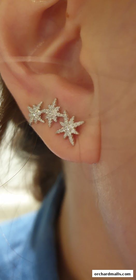 Close-up of a person's ear wearing sparkling star-shaped earrings.