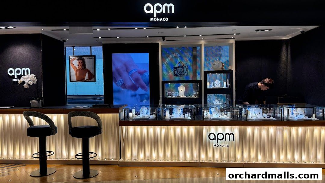 Interior view of APM Monaco jewelry store with display cases and a staff member.
