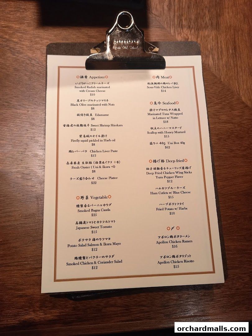 A menu from Apollon restaurant featuring appetizers, meat, seafood, and vegetable dishes.