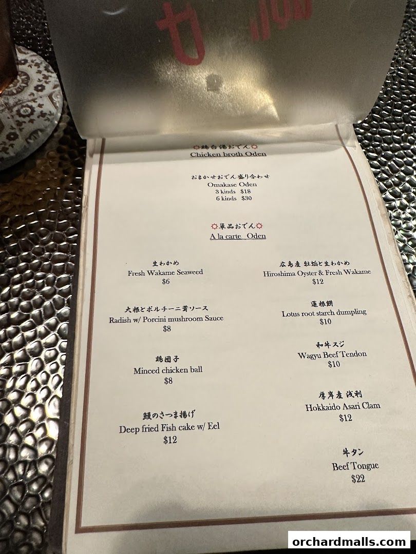 A menu from Apollon featuring Oden dishes, including chicken broth, omakase, and a la carte options.