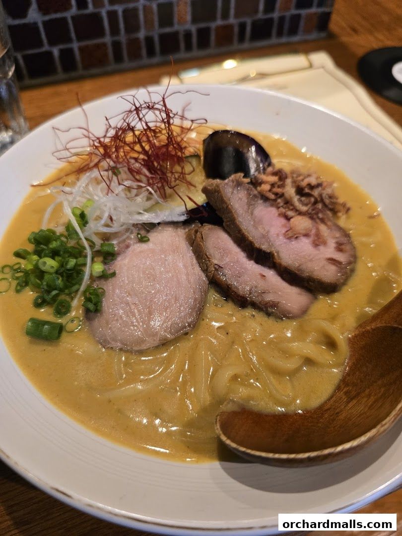 A close-up of a delicious bowl of ramen with sliced pork and garnishes.