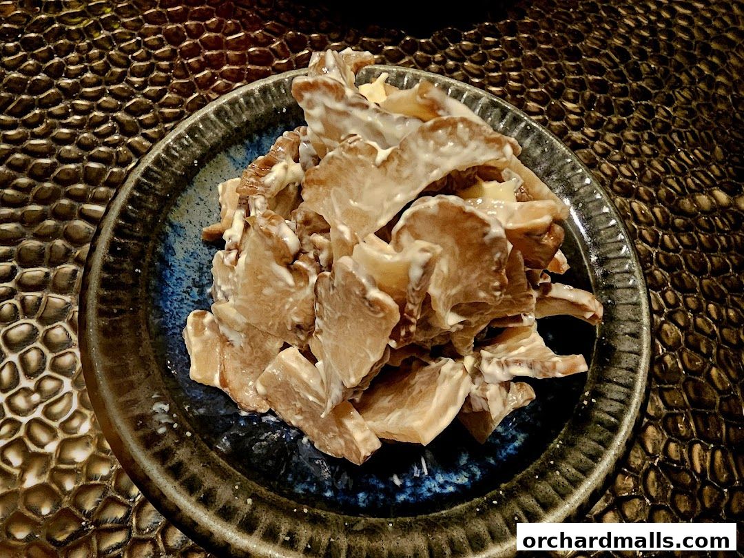A close-up of a dish of sliced mushrooms with a creamy sauce on a textured plate.