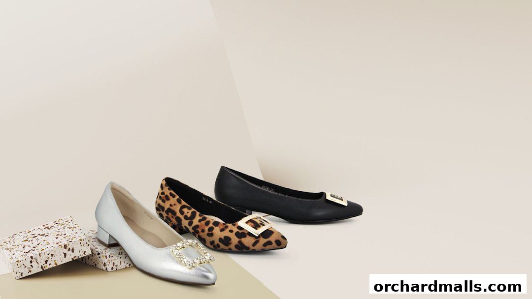 Three stylish flat shoes with decorative buckles displayed on a neutral background.