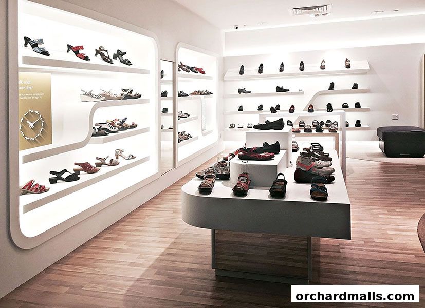Interior view of a modern shoe store displaying various sandals and shoes on shelves and display tables.