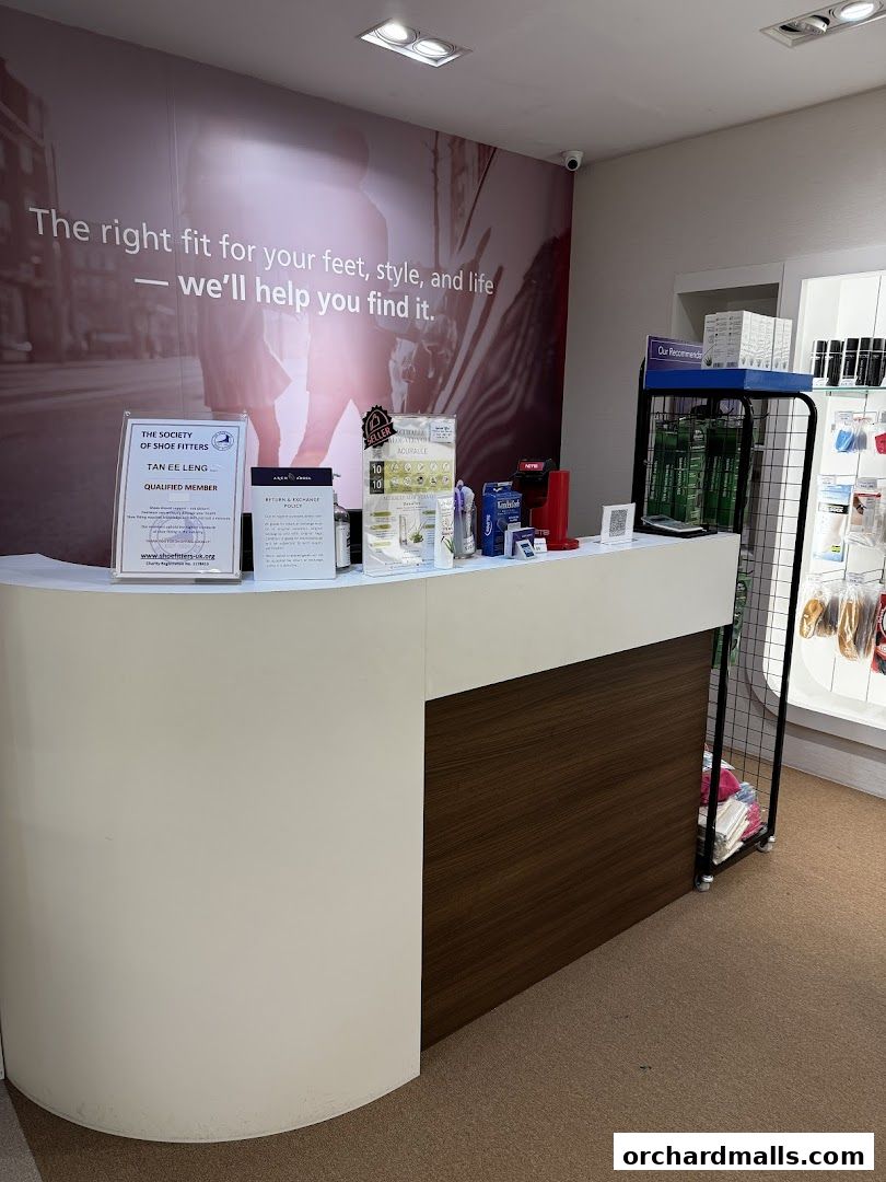 Interior shot of Arch Angel Shoes shop counter with promotional materials and products.