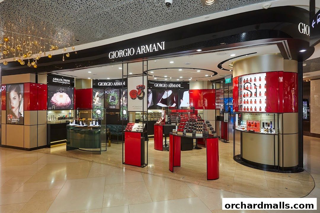 Interior view of a Giorgio Armani beauty store showcasing makeup and fragrances.