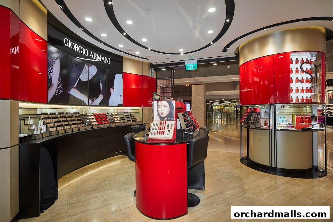 Interior view of an Armani Beauty store showcasing makeup and fragrances.