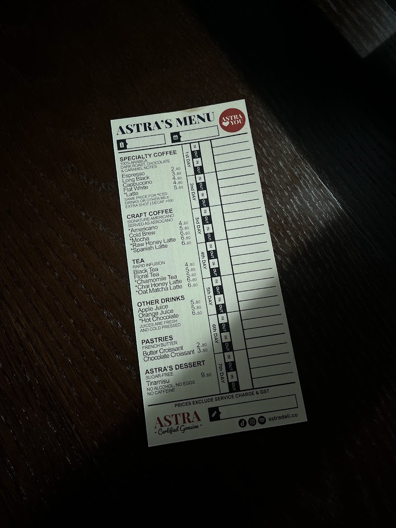 Menu page for ASTRA Deli 星辰咖啡
