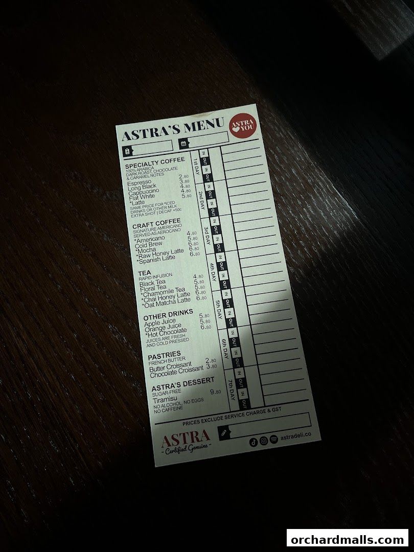 A menu from ASTRA Deli featuring specialty coffee, craft coffee, tea, other drinks, pastries, and desserts.