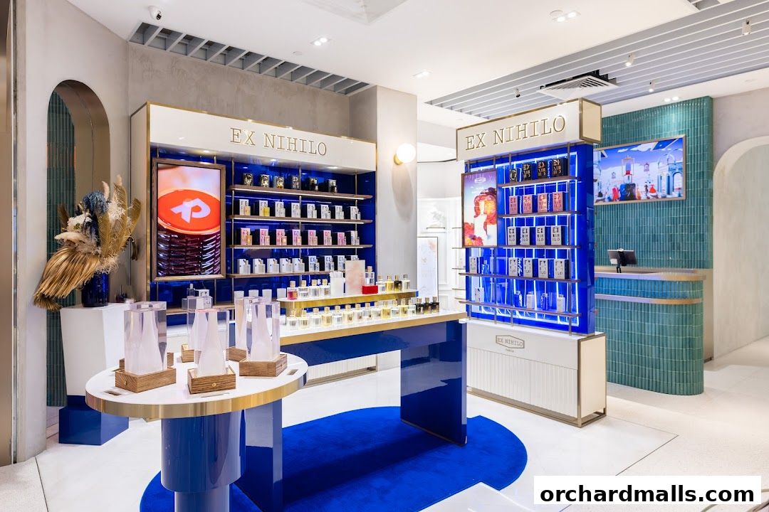 Interior of a luxury perfume shop with shelves displaying various fragrances.